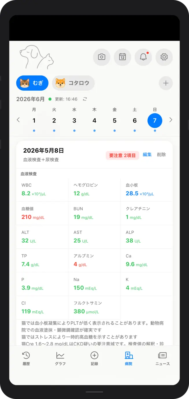 血液検査記録画面